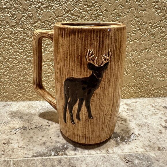 Vintage Mug Coffee Cup Deer Buck Doe Relief MCM 1980 3 Dimensional 3D wood 1st - Picture 2 of 5